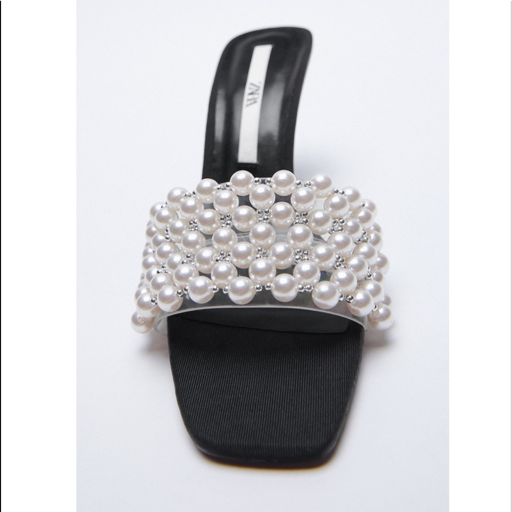 Zara Pearl Detail Square Toe Heel Sandals Size 9/40 - Picture 4 of 7